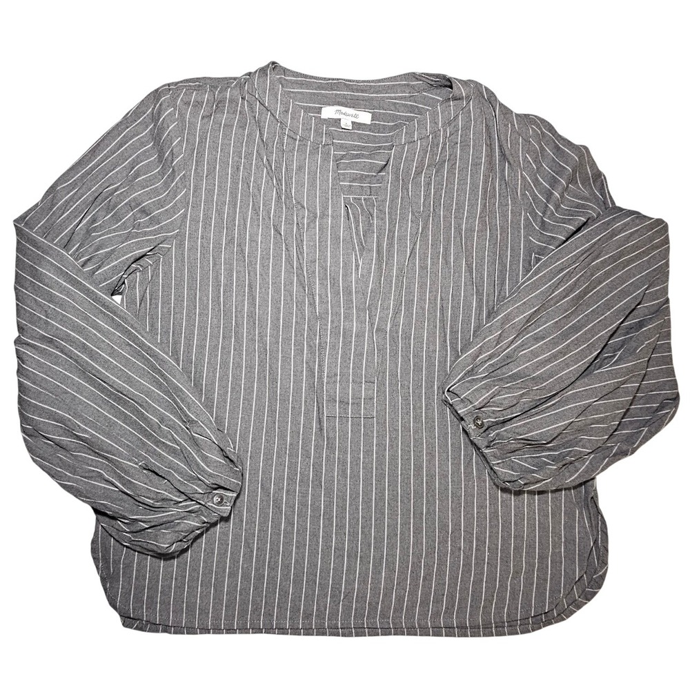 Madewell Women Small Gray White Striped Split Neck Balloon Sleeve Blouse Top